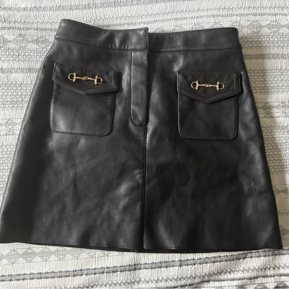 Maje Black vegan Leather Skirt with Gold horsebit Details